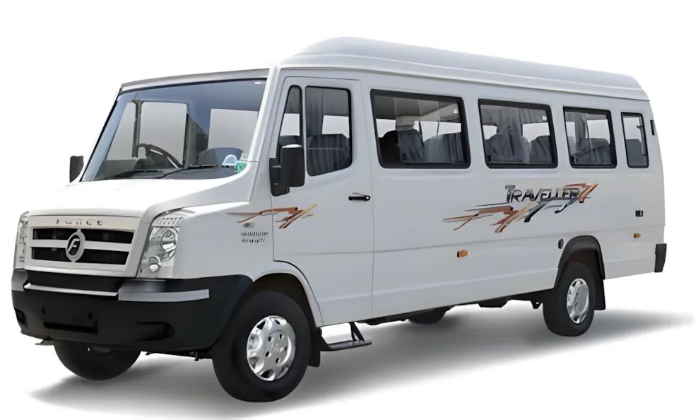 Force Traveller of Baglamukhi Travels, used for group runs to Naina Devi and Bilaspur